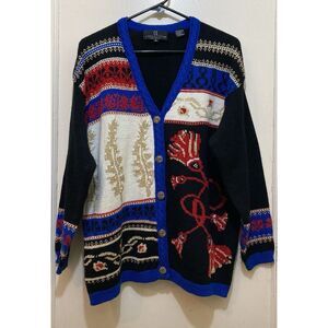Carole Little Knitwear Womens M Cardigan Sweater Multicolor Embroidered Boho VTG